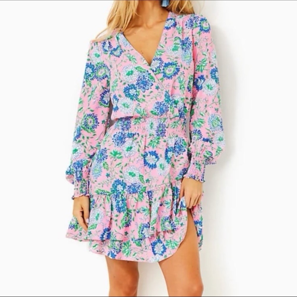 LILLY PULITZER CRISTIANA LONG SLEEVE STRETCH DRESS CONCH SHELL PINK RUMOR HAS IT